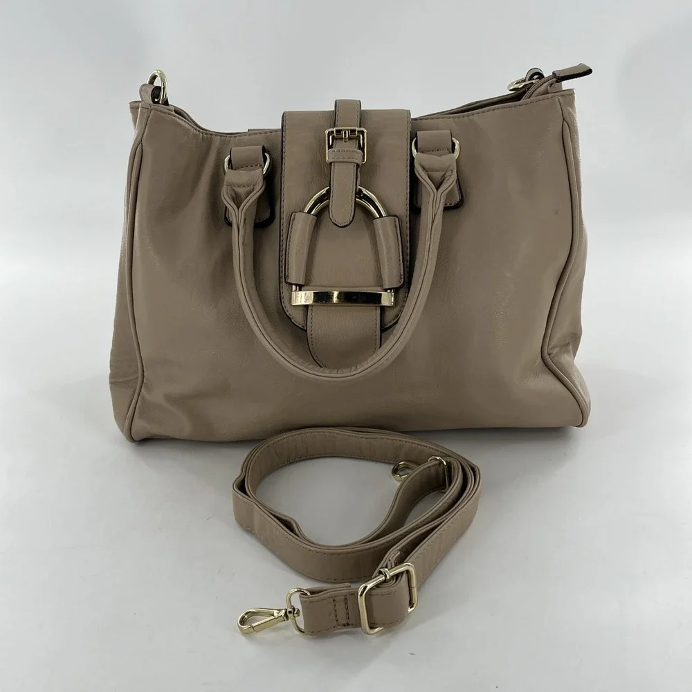 Large Charming Charlie Handbag Satchel Crossbody Tote Purse Tan Beige Taupe Gold